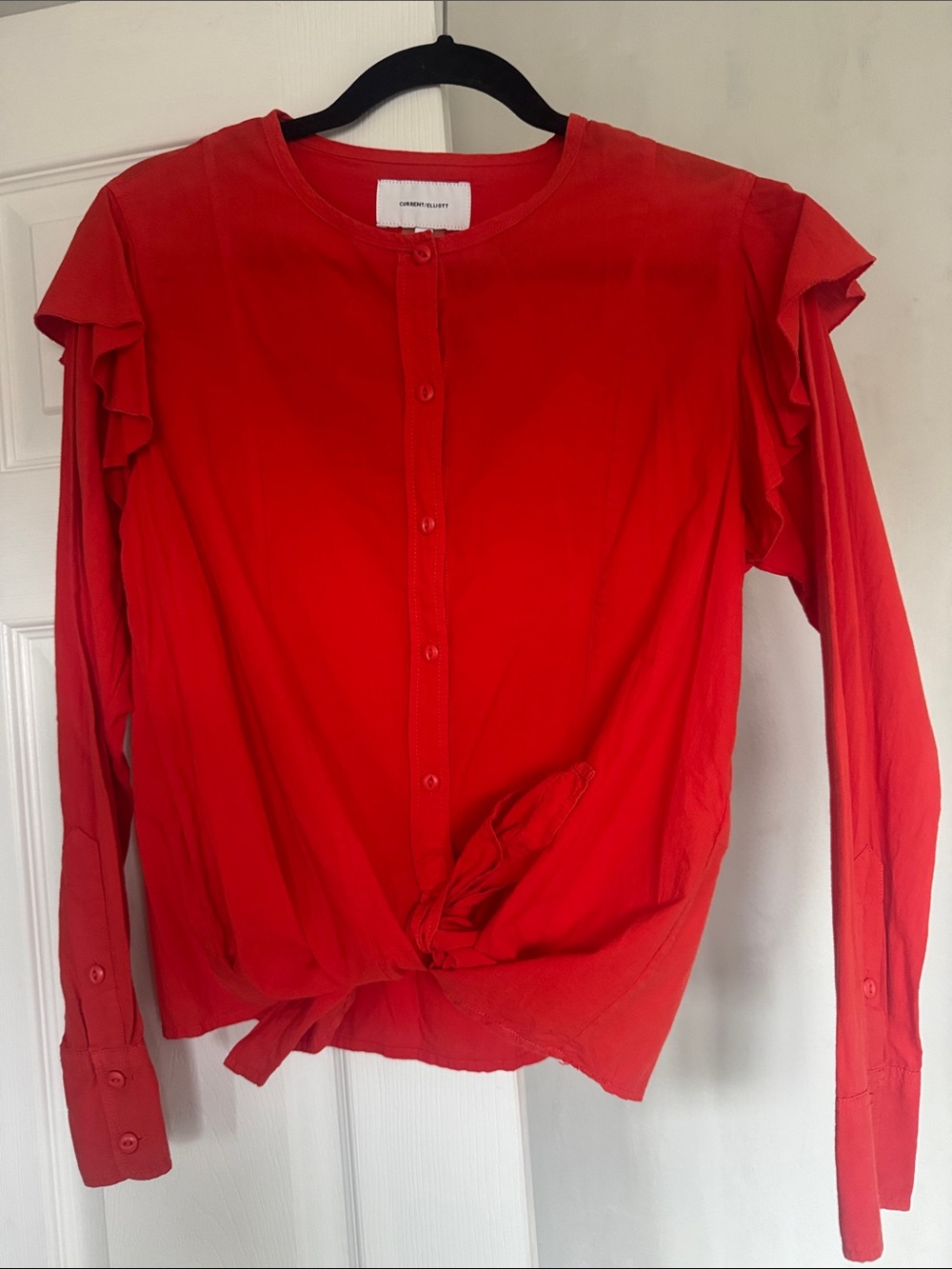 Current/Elliott Red Tie-Front Button Down Blouse with Ruffle Shoulders